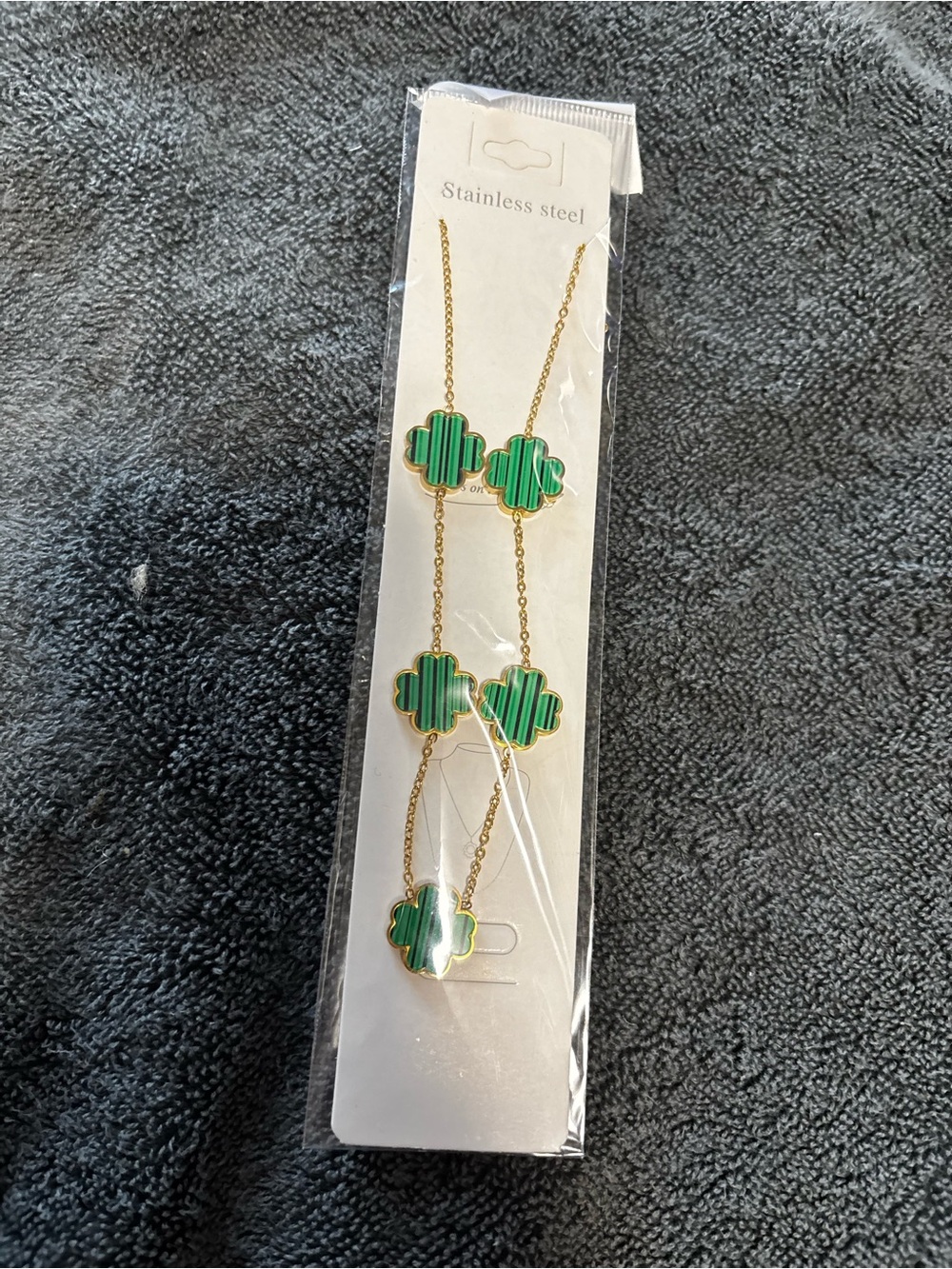 Gold Chain Necklace with Green Clover Accents - Stainless Steel